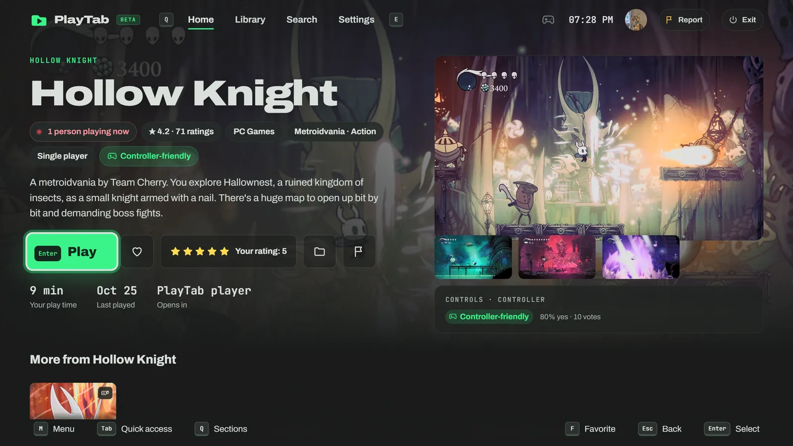 PlayTab app screenshot: Game page: ratings, play time, controller support