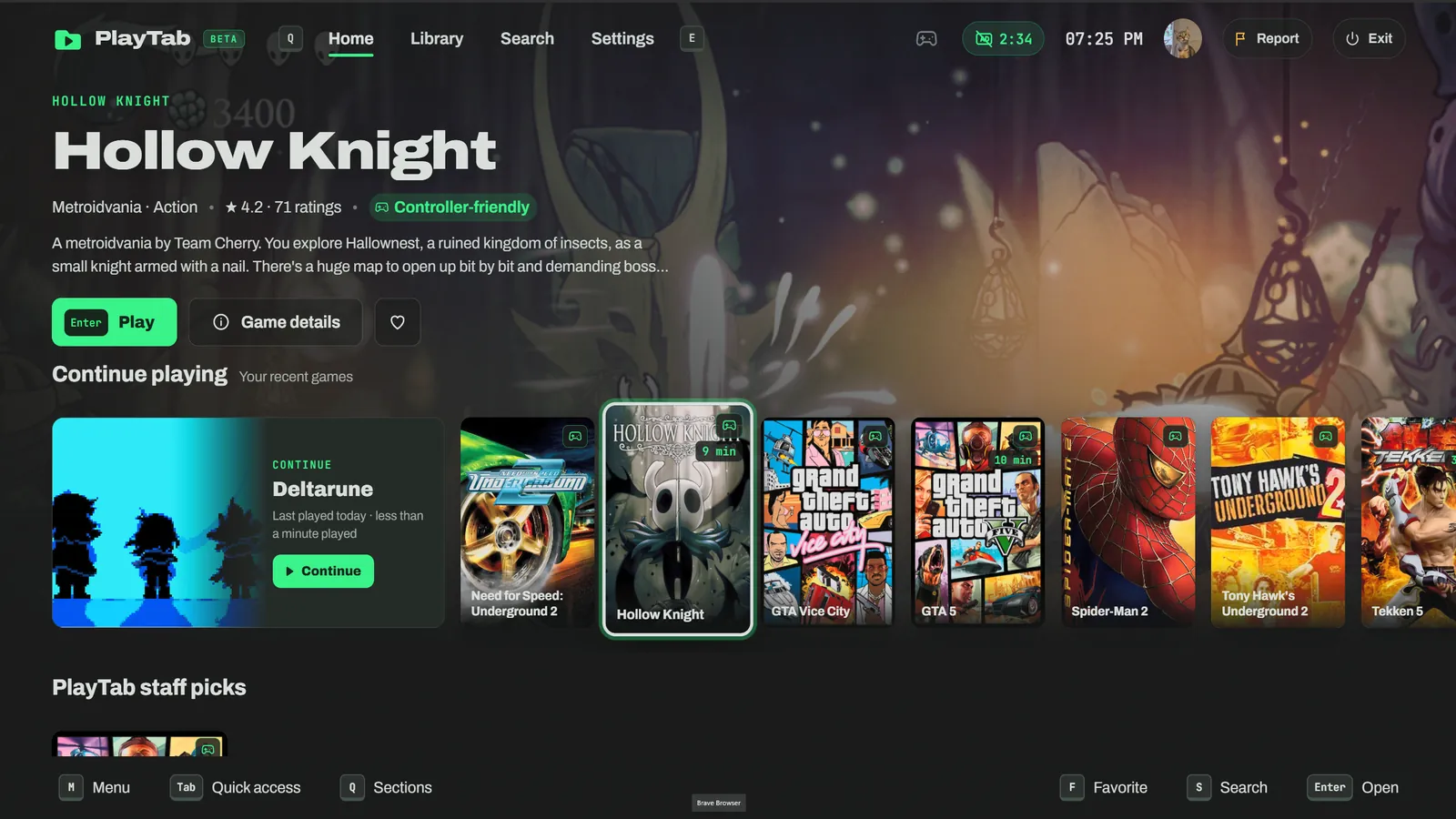PlayTab app screenshot: Home: resume your last game with one button