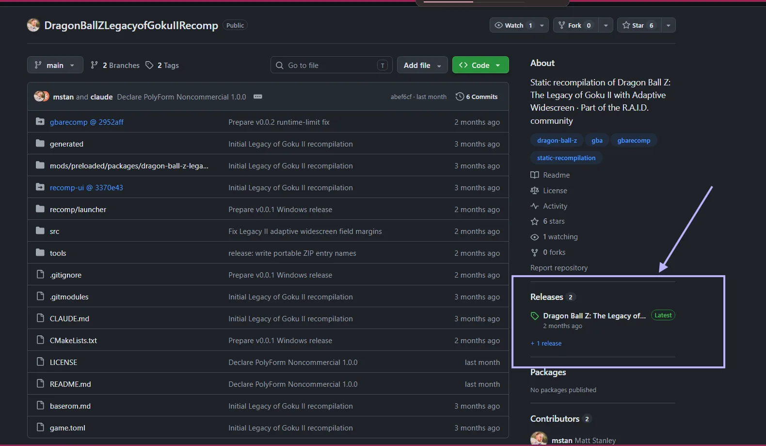 A GitHub project page: the “Releases” section sits in the right-hand column.